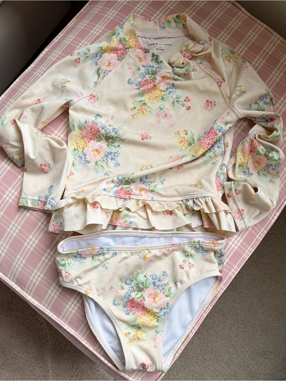 Janie and Jack Cream Floral Ruffle Long-Sleeve Swim Set